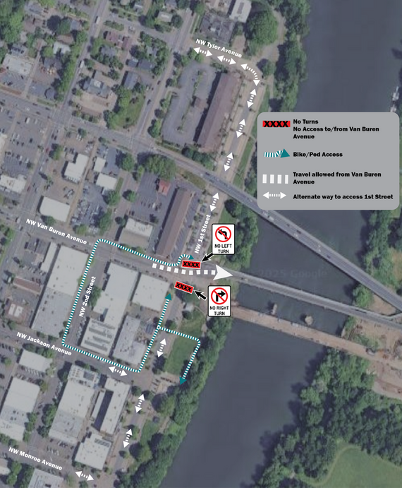 Project Area Map showing allowed movement from Van Buren and pedestrian routes