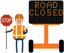road closed message board with flagger icon