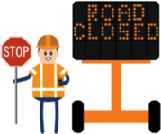 road closed message board with flagger icon