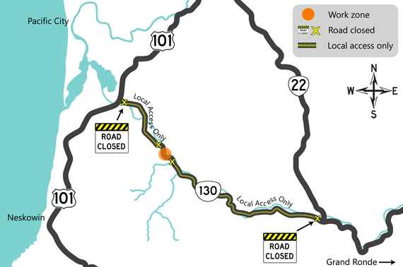 Map showing work area and closure on OR 130