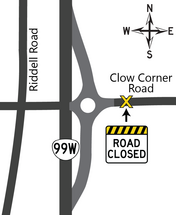 graphic showing closure on Clow Corner Road, east of OR 99W