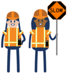 construction worker and flagger holding slow sign icon