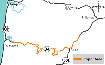 Project area map highlighting OR 34 from Waldport to east of Alsea