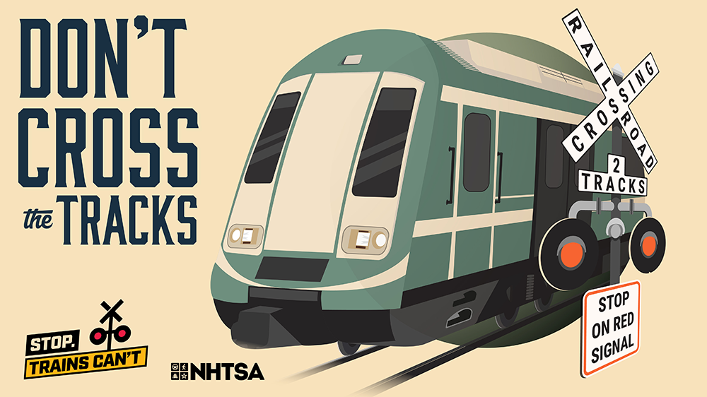 Stop. Trains Can't. Don't cross the tracks. Stop on red signal. Railroad crossing with train.