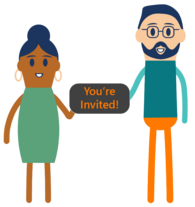 People holding sign between them that reads YOU'RE INVITED