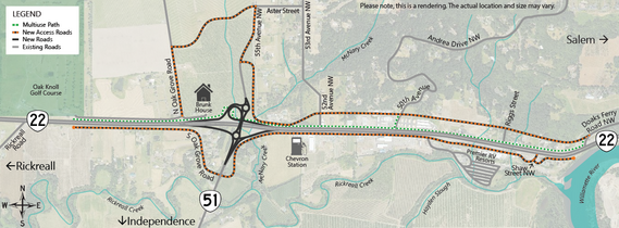 Aerial view of the corridor showing possible design including the new roads, new access roads and how the multiuse path would connect