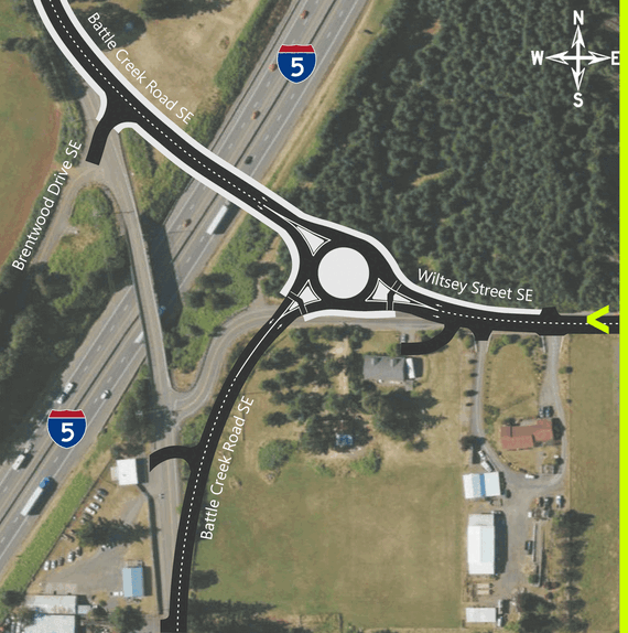 Aerial showing the Battle Creek Road and Wiltsey Street SE intersection now and what the new roundabout will look like