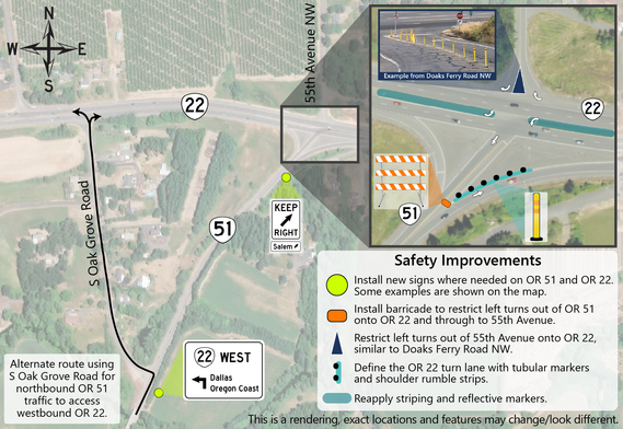 Aerial view showing maintenance improvements at the OR 22 and OR 51 intersection