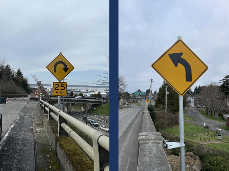 Image of two photos of newly installed signs in Astoria