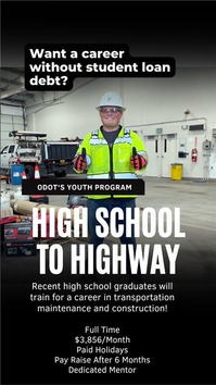 High school to highway trainee smiling in safety gear.