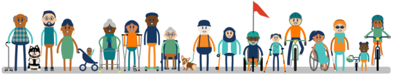 People standing together showing different types of active transportation, like walking, biking, using a wheelchair and more