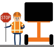 Gif of worker lifting and lowering stop sign next to VMS board that flashes and reads ROAD WORK AHEAD USE CAUTION