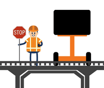 Gif of worker lifting and lowering stop sign next to VMS board that flashes and reads ROAD WORK AHEAD USE CAUTION on a bridge