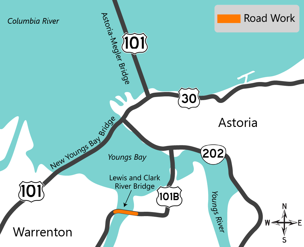 Map highlighting road work on the Lewis and Clark River Bridge