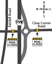 Map showing Clow Corner Road closure on both sides of OR 99W