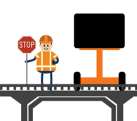 Gif of VMS sign flashing the message "ROAD WORK AHEAD" and "USE CAUTION" next to construction worker lifting and lowering a stop sign on a bridge 