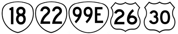 Line of highway signs: OR 18, OR 22, OR 99E, U.S. 26 and U.S. 30 icon