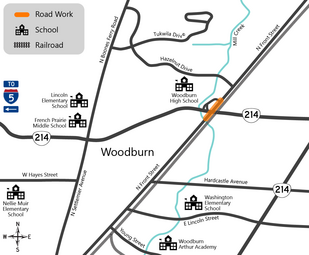Project area map highlighting work area on OR 214 and N Front Street in Woodburn