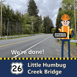 Gif showing pictures of completed work on the U.S. 26 Little Humbug Bridge with a construction worker icon