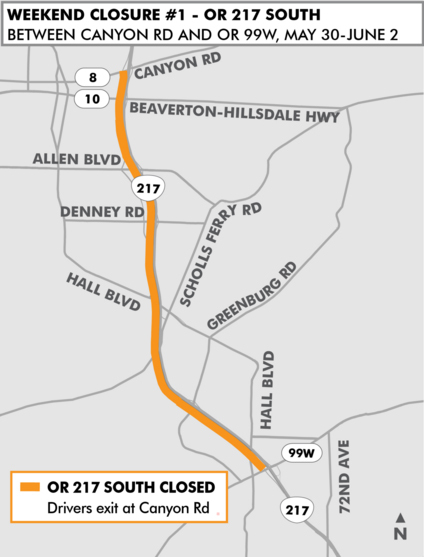 This is the project area for weekend closure No. 1 for OR 217 final paving, scheduled to start May 30, 2025. 