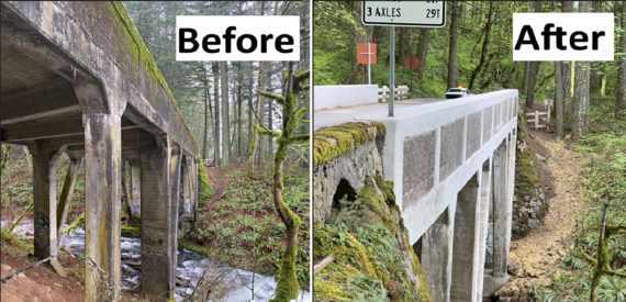 The Bridal Veil bridge before and after construction wrapped up in May 2025.