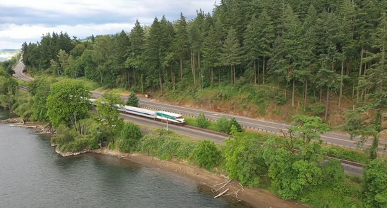 A train travels along a river with green trees around it