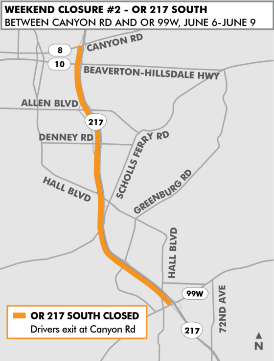 Map of closure of southbound OR 217 section for paving weekend of June 7-8