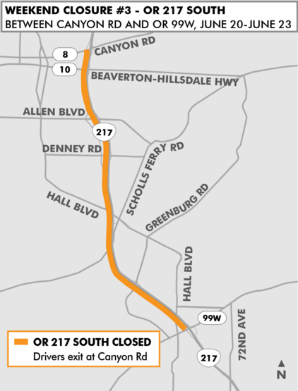 Map showing OR 217 south closed from Canyon to OR 99W