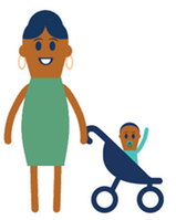 Person standing next to stroller with baby in it waving