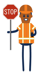 Gif of flagger holding sign that switches between a stop sign and a slow sign