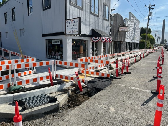 Photo showing work zone and construction progress on ADA curb ramps in Garibaldi