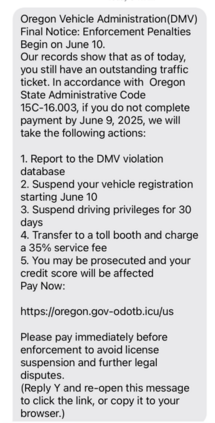 Example of latest Oregon DMV scam text message