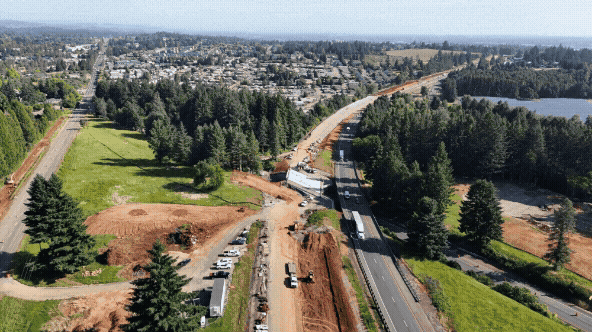 Aerial photos showing construction of the new I-5 bridge over Commercial Street SE