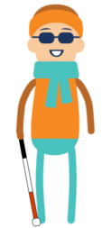 Cartoon of a person who is blind with a white cane