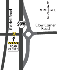 Map showing Clow Corner Road west of OR 99W closed