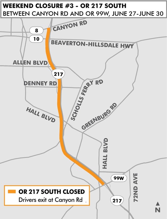 Map of June 27-30 closure of OR 217 for Weekend 3 of final paving.