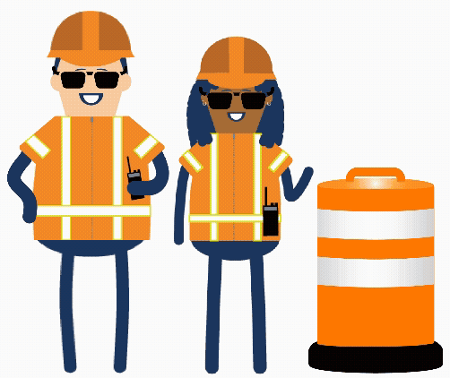 Gif of workers standing next to construction barrel with sunglasses blowing off their face and flashing headlamps landing on their hard hats