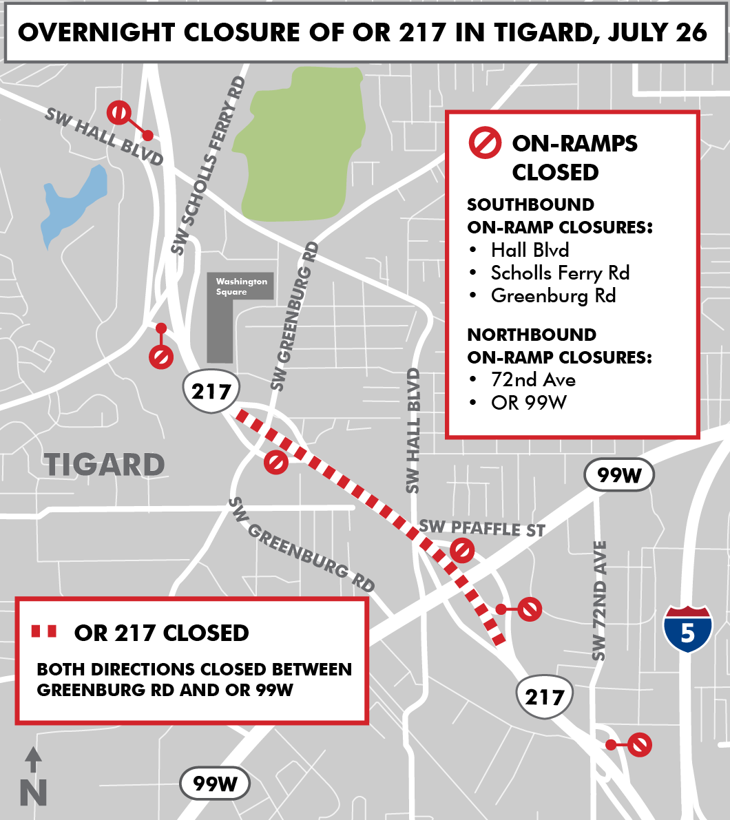Overnight closure map for OR 217 the night of July 26, 2025.