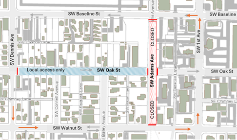 Rail repair closure map for Hillsboro in August 2025