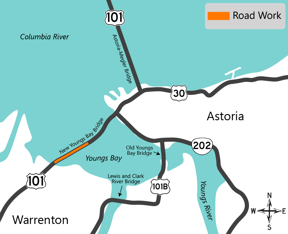 Map showing where work is happening on the New Youngs Bay Bridge