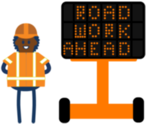 road work ahead message board with construction worker icon