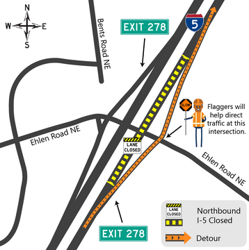 Map graphic showing northbound I-5 traffic using the on and off-ramps with a flagger directing traffic at Ehlen Road NE