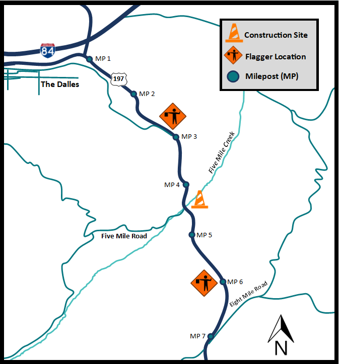 Map showing flagger and construction location on U.S. 197 near The Dalles