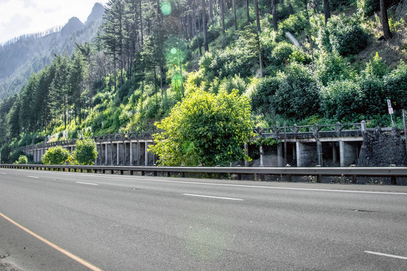 View of the viaduct east of Multnomah Falls Lodge from I-84.