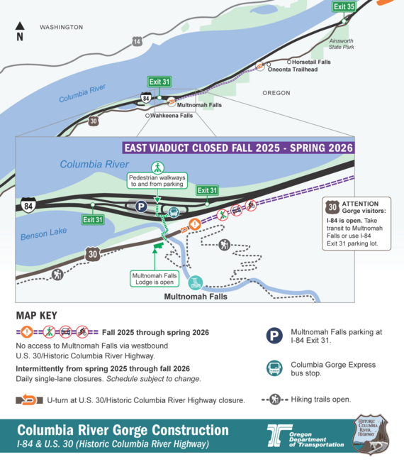 Map showing the Multnomah Falls east viaduct closure, open trails, and parking areas.