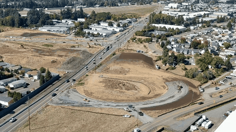 Gif showing aerial view of the new OR 18 off-ramp construction