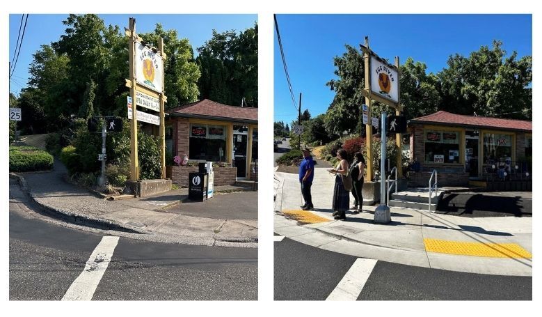 Sidewalk curb ramps at the intersection of U.S. 30 (Oak Street) and 13th Street before (left) and after (right) ADA compliant upgrades