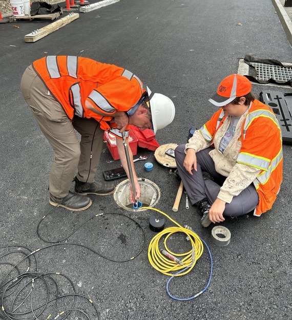 ODOT crews install equipment to measure the slope as part of ongoing monitoring of the landslide repair on the Historic Columbia River Highway.