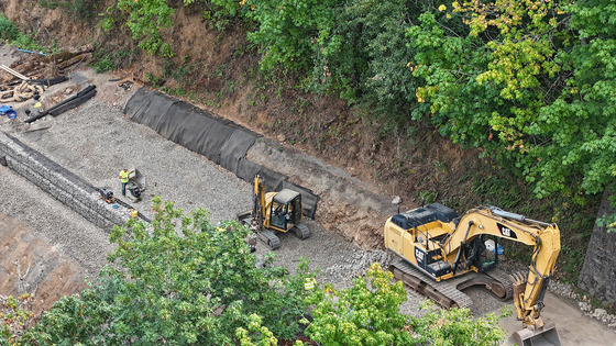 Work in progress Aug. 25, 2025, on the Larch Mountain slide west of Vista house on the Historic Columbia River Highway.