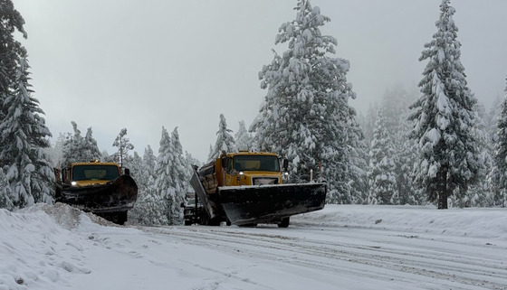 Snowplow crews work on the Siskiyou Pass on Interstate 5 in February 2025.